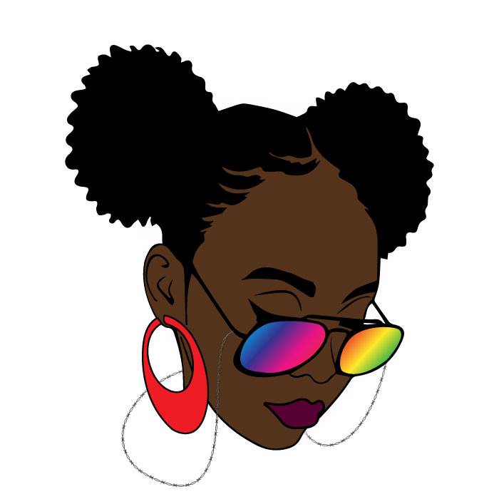 Graphic representation of a lesbian's face with large red hoop earrings and rainbow sunglasses.