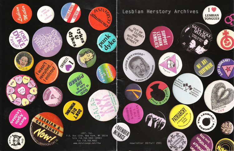 The front and back covers of an LHA newsletter dated fall 2001 feature a variety of Lesbian and Feminist themed pin-on buttons.