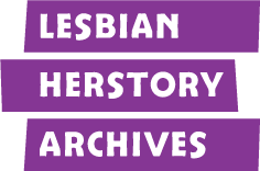 3 purple rectangles stacked on top of each other with one word per rectangle in white font reading "Lesbian Herstory Archives"