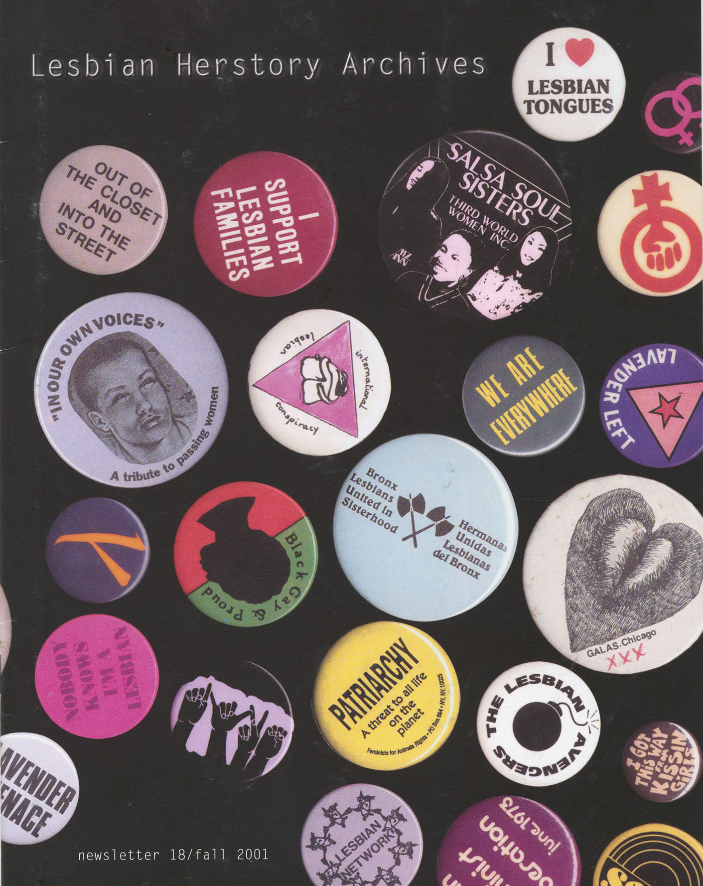 The cover of an LHA newsletter dated fall 2001 features a variety of Lesbian and Feminist themed pin-on buttons.