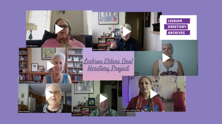 Image of seven tiled boxes of elder lesbian faces with a central add that reads Lesbian elders Oral Herstory Project