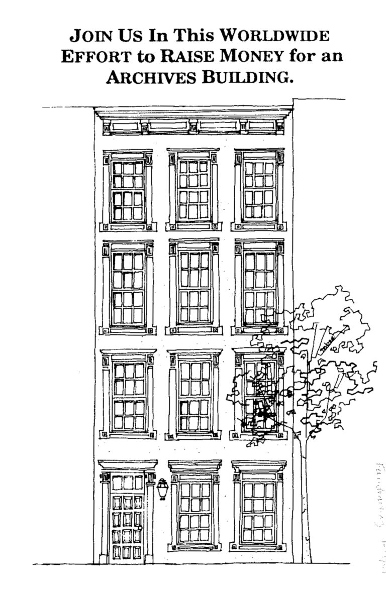 The cover for the Lesbian Herstory Archives Building Fund Videotape showing a drawing of a building.
